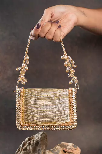 Slate gold hinted embroidered silk mini clutch