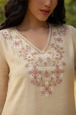 Biege embroidered viscose jacquard straight kurta set 5