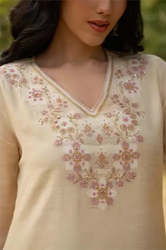 Biege embroidered viscose jacquard straight kurta set