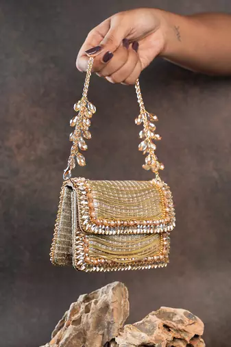 Slate gold hinted embroidered silk mini clutch