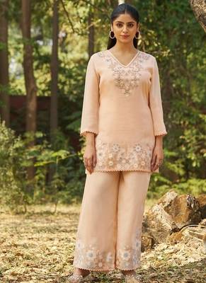 Peach embroidered viscose jacquard straight kurta set 1