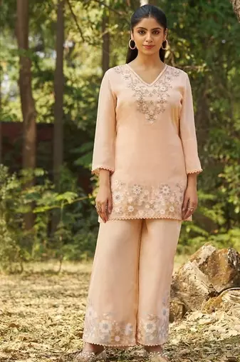 Peach embroidered viscose jacquard straight kurta set