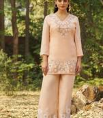 Peach embroidered viscose jacquard straight kurta set