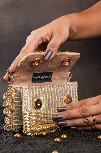 Slate gold hinted embroidered silk mini clutch