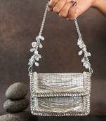 Slate silver hinted embroidered silk mini clutch