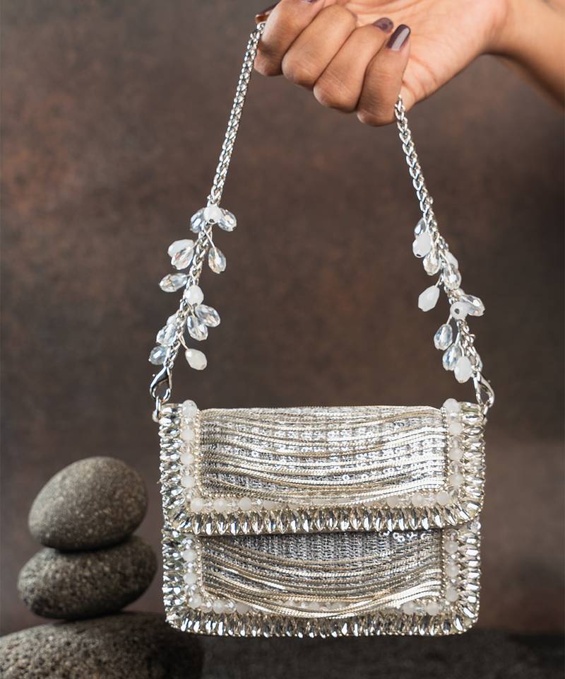 Slate silver hinted embroidered silk mini clutch