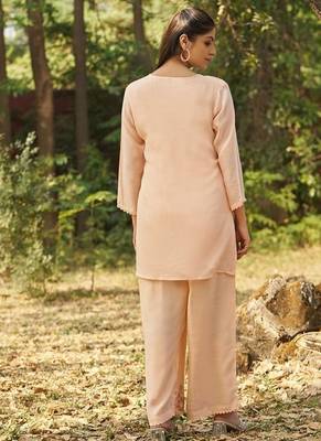 Peach embroidered viscose jacquard straight kurta set 2