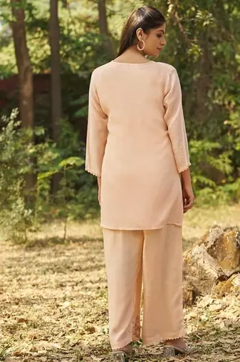 Peach embroidered viscose jacquard straight kurta set