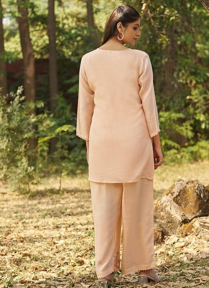 Peach embroidered viscose jacquard straight kurta set