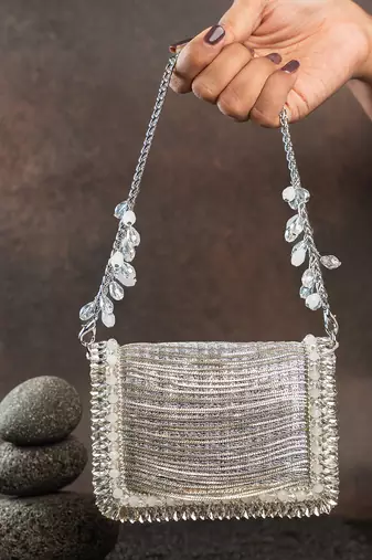 Slate silver hinted embroidered silk mini clutch