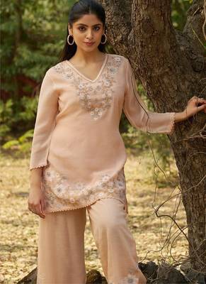 Peach embroidered viscose jacquard straight kurta set 3