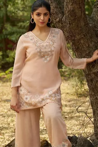Peach embroidered viscose jacquard straight kurta set
