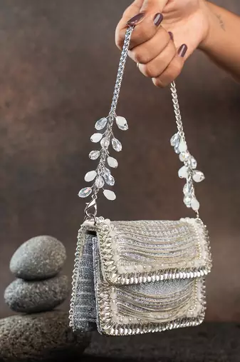 Slate silver hinted embroidered silk mini clutch