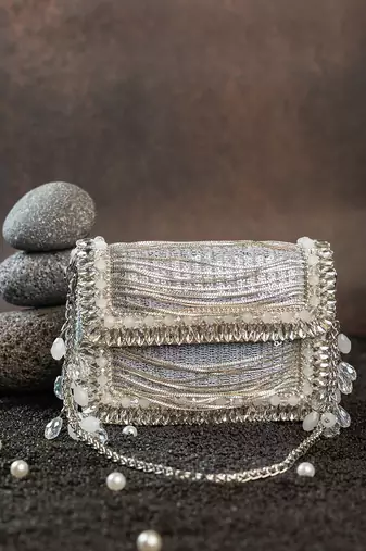 Slate silver hinted embroidered silk mini clutch