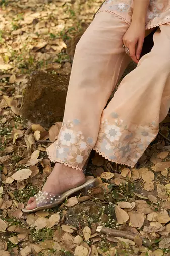 Peach embroidered viscose jacquard straight kurta set