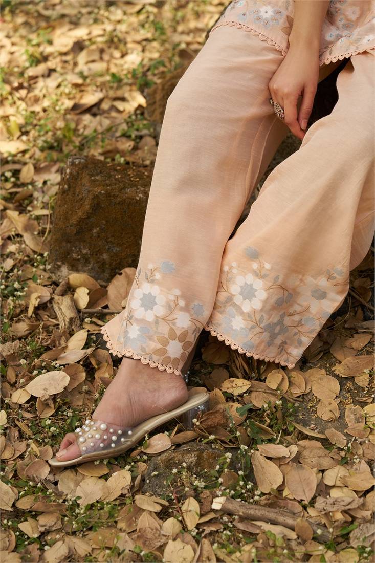 Peach embroidered viscose jacquard straight kurta set