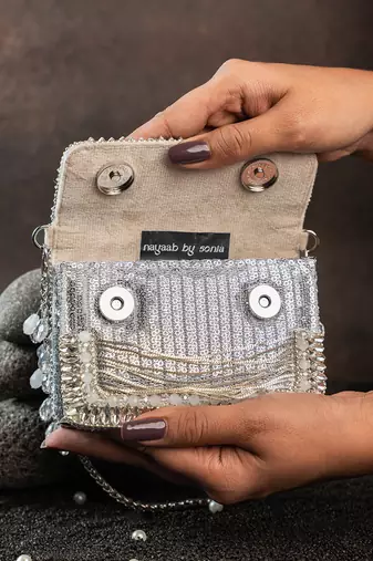 Slate silver hinted embroidered silk mini clutch