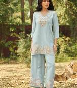 Blue embroidered viscose jacquard straight kurta set
