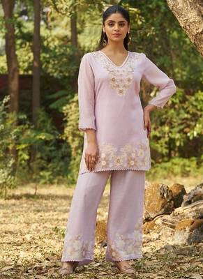 Lavender embroidered viscose jacquard straight kurta set 1