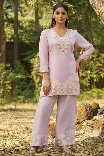 Lavender embroidered viscose jacquard straight kurta set