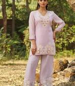 Lavender embroidered viscose jacquard straight kurta set