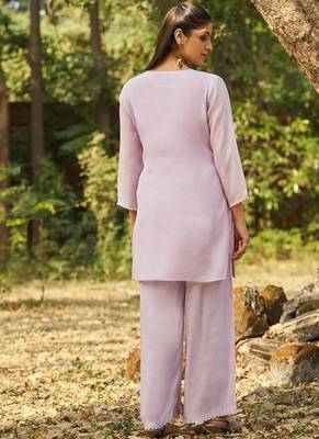 Lavender embroidered viscose jacquard straight kurta set 2