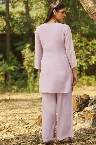 Lavender embroidered viscose jacquard straight kurta set
