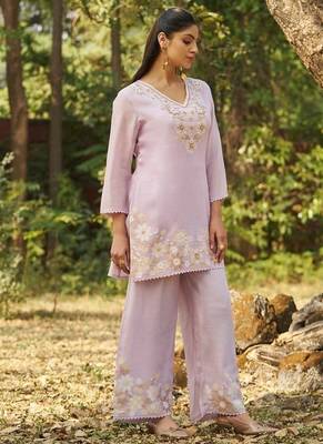 Lavender embroidered viscose jacquard straight kurta set 3