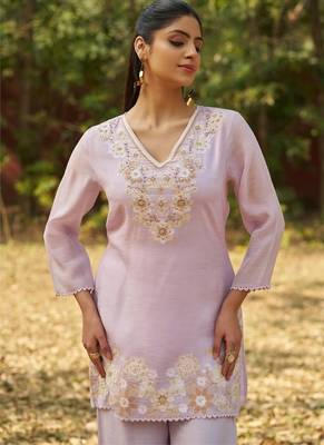 Lavender embroidered viscose jacquard straight kurta set 5