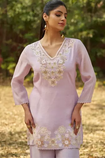 Lavender embroidered viscose jacquard straight kurta set
