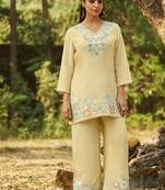 Yellow embroidered viscose jacquard straight kurta set