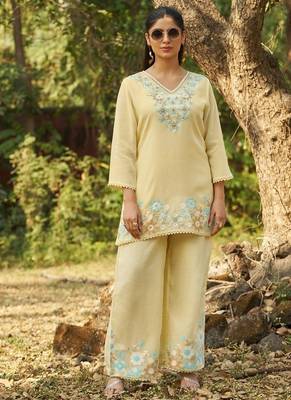 Yellow embroidered viscose jacquard straight kurta set 4
