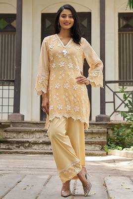 Peach embroidered pure cotton straight kurta set 1