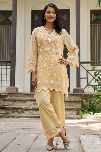 Peach embroidered pure cotton straight kurta set