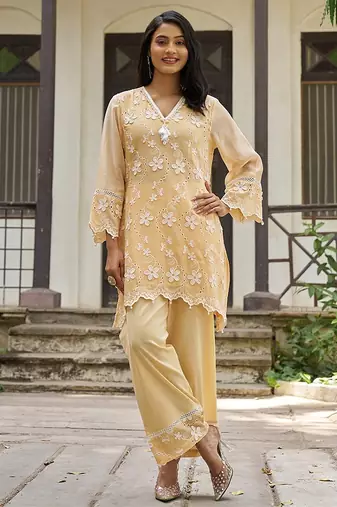 Peach embroidered pure cotton straight kurta set