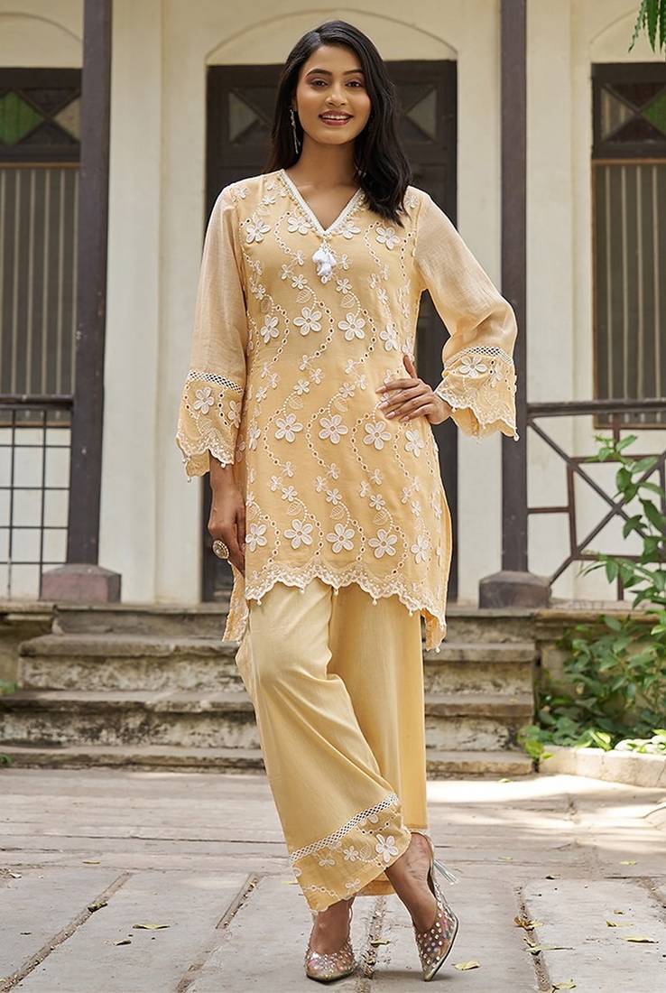 Peach embroidered pure cotton straight kurta set