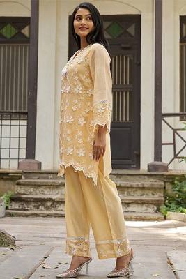 Peach embroidered pure cotton straight kurta set 3