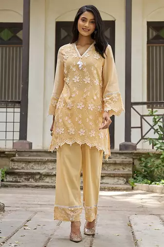 Peach embroidered pure cotton straight kurta set