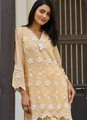 Peach embroidered pure cotton straight kurta set 5