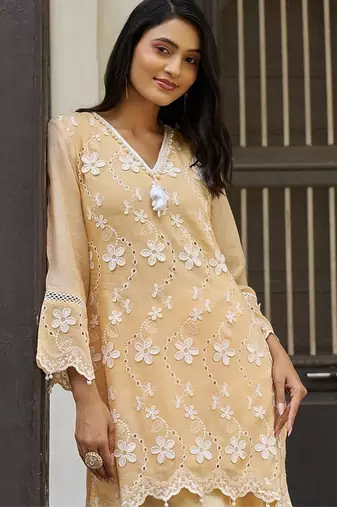 Peach embroidered pure cotton straight kurta set