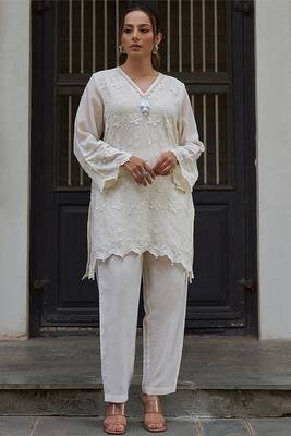 White embroidered pure cotton straight kurta set 1