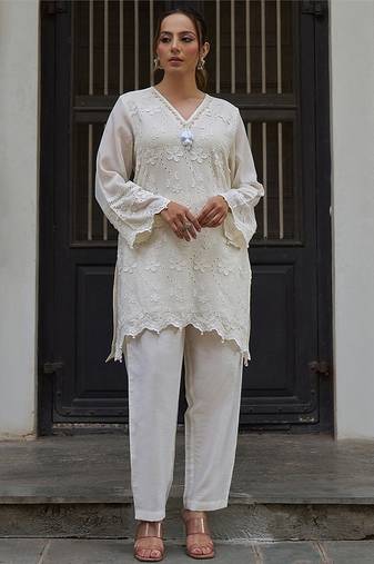 White embroidered pure cotton straight kurta set