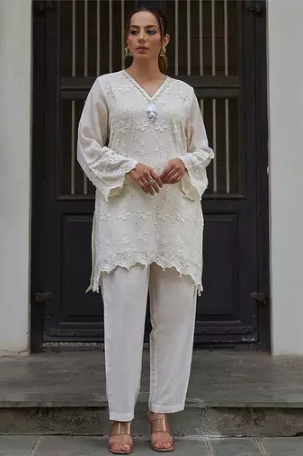 White embroidered pure cotton straight kurta set