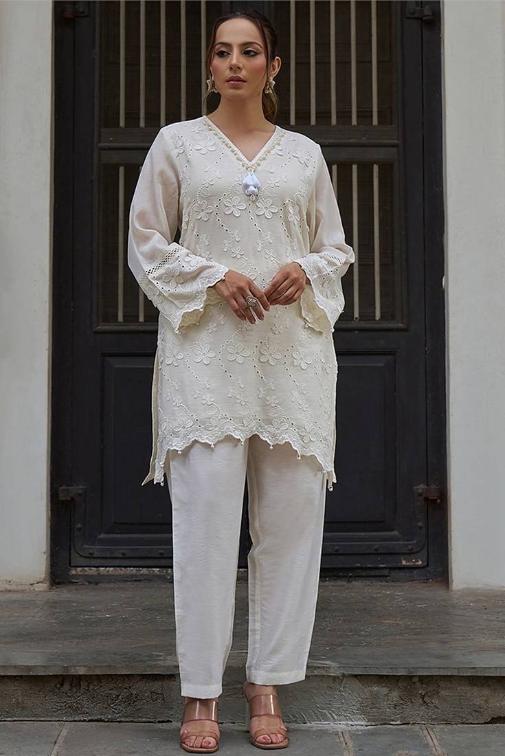 White embroidered pure cotton straight kurta set