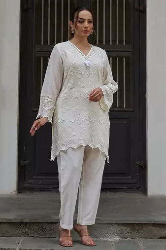 White embroidered pure cotton straight kurta set