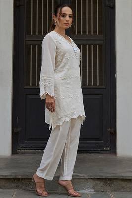 White embroidered pure cotton straight kurta set 4