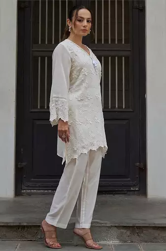 White embroidered pure cotton straight kurta set
