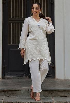 White embroidered pure cotton straight kurta set 5