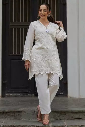 White embroidered pure cotton straight kurta set