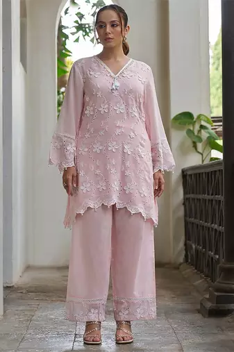 Pink embroidered pure cotton straight kurta set